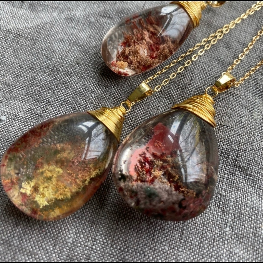 Phantom Quartz Moss Agate Teardrop Pendant